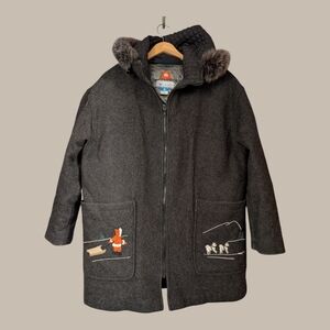 Charcoal Gray Fur Trim Hood Embroidered Parka Inuit